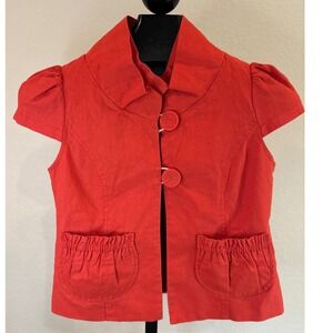Y2K 21 Red Linen Blend Puff Sleeve Cropped Bolero Jacket Women's Size S